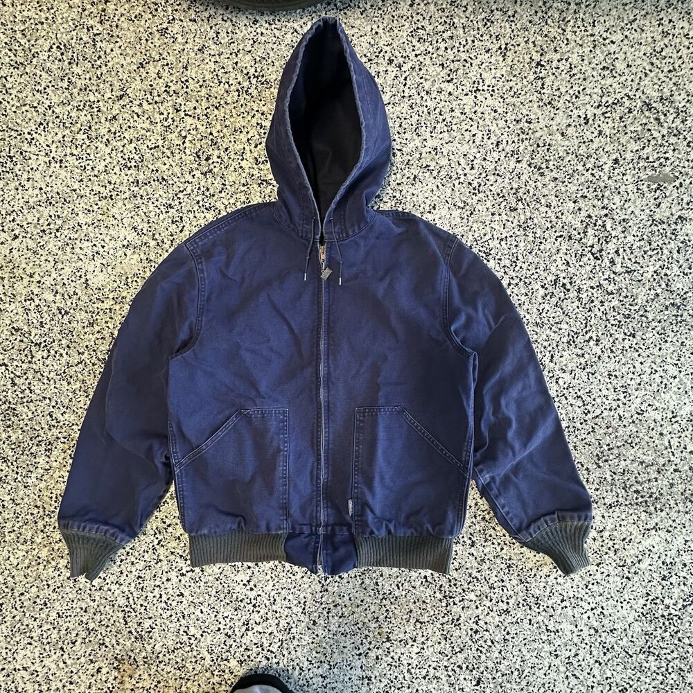 Vintage Walls Duck Canvas Jacket Hooded Full Zip Large Lined Blue Workwear 90s